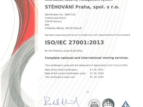 Certification ISO 27001 for STĚHOVÁNÍ Praha, spol. s r.o.